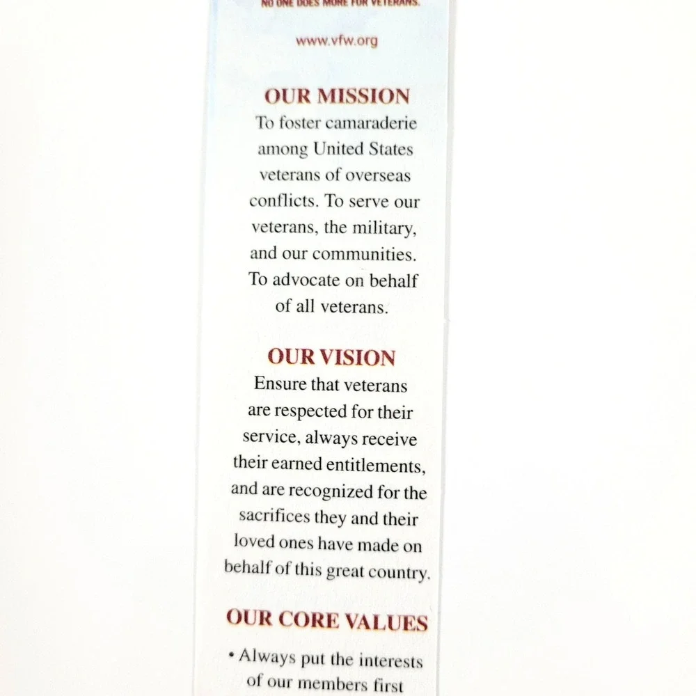 2015 America My Country Bookmark VFW Veterans Mission Vision Values- promotional